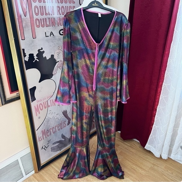 Costume USA: 70's Metallic Rainbow Bell Bottom, Bell Sleeve Front Zip Jumpsuit - Picture 1 of 10